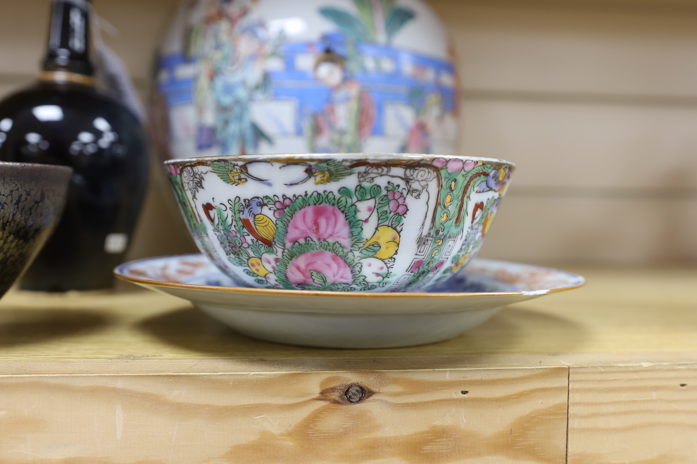 A group of Chinese ceramics, a Phoenix based ewer, oil spot glazed bowl, jar and cover, bowl and a Chinese Imari plate, jar and cover 32cm high